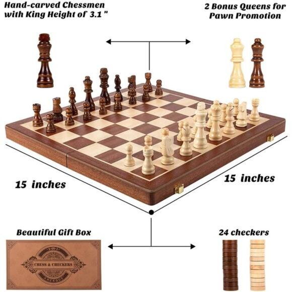 Magnetic Wooden Chess & Checkers Set (2 in 1) - Folding Board - Picture 6 of 8